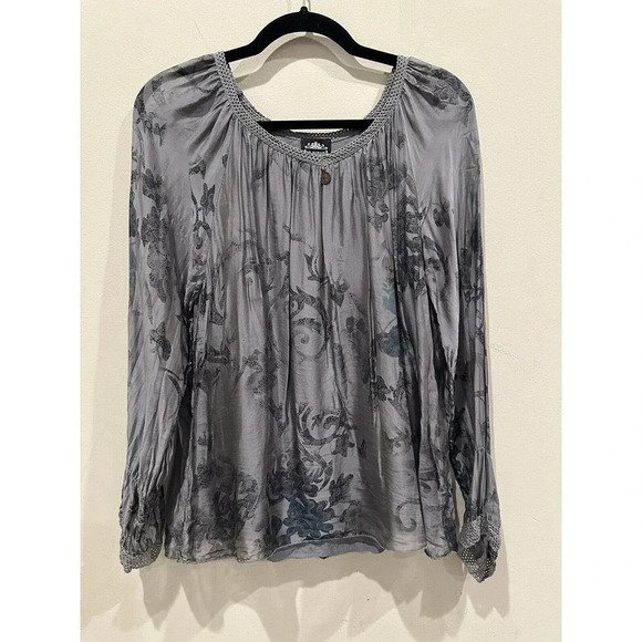 LE MARAIS Paris blue-gray 100% silk long sleeve blouse w floral Small C0525 - Picture 2 of 9